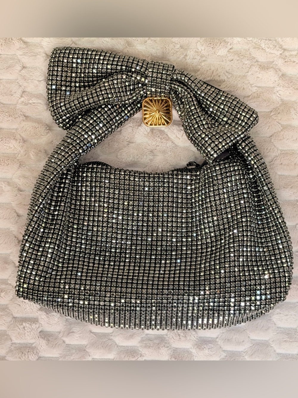 Madison West Silver Rhinestone Mesh Hobo Bag Bow Handle Evening Purse